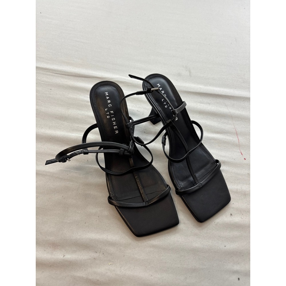 Marc Fisher LTD MLDENNIE Black Leather Strappy Square Toe Flared Heel Sandals
